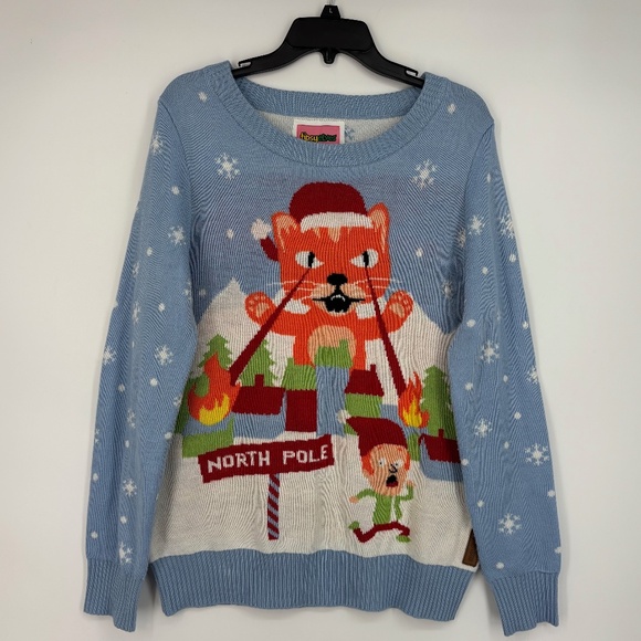 Tipsy Elves Womens Large Ugly Christmas Sweater Orange Cat Laser Eye North Pole - Picture 1 of 8